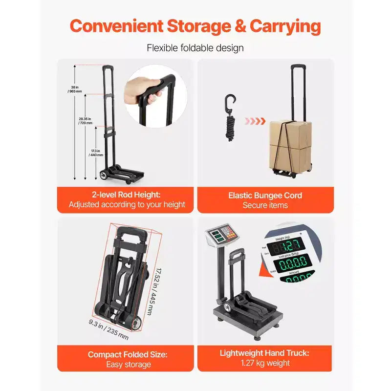 Folding Hand Truck, 110 lbs Load Capacity, Collapsible Luggage Cart with 2 Wheels & 1 Elastic Rope, Utility Dolly Platform Cart, Black