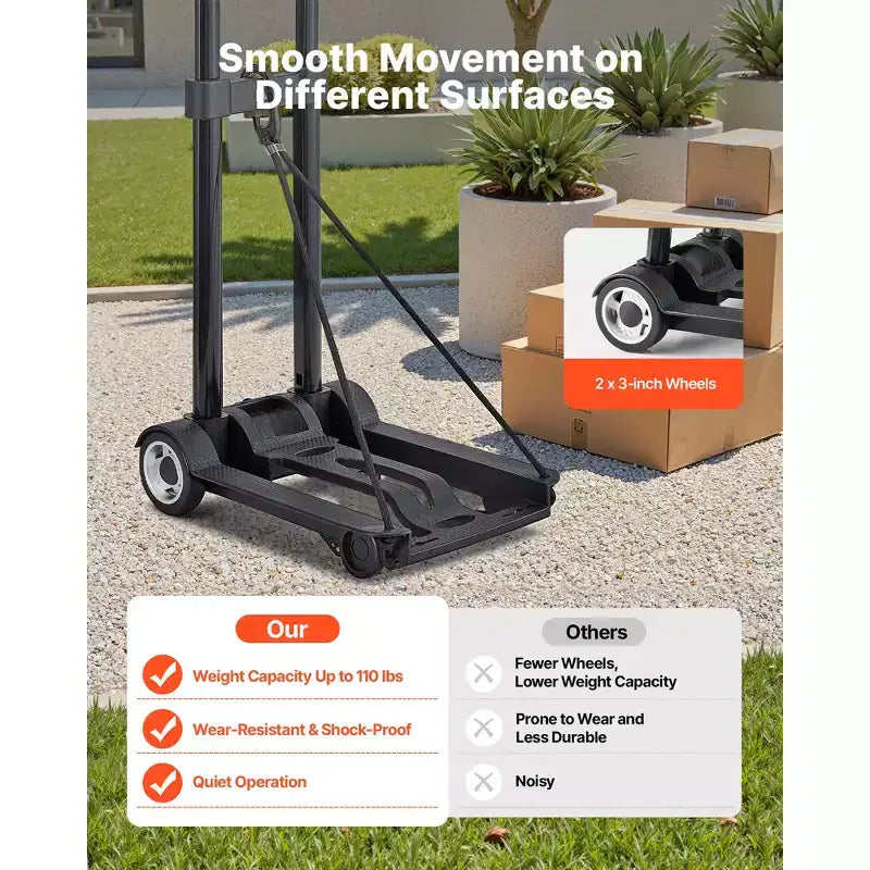 Folding Hand Truck, 110 lbs Load Capacity, Collapsible Luggage Cart with 2 Wheels & 1 Elastic Rope, Utility Dolly Platform Cart, Black