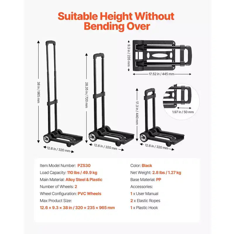 Folding Hand Truck, 110 lbs Load Capacity, Collapsible Luggage Cart with 2 Wheels & 1 Elastic Rope, Utility Dolly Platform Cart, Black