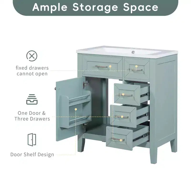 Bathroom Vanity without Sink Cabinet Base Solid Frame MDF Drawers Green
