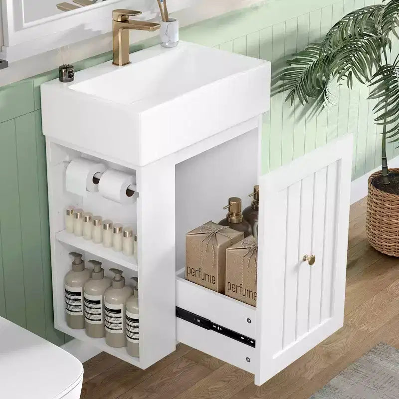 Bathroom Vanity Ceramic Sink MDF Storage Drawer Side Shelf Golden Handle Small Bathroom
