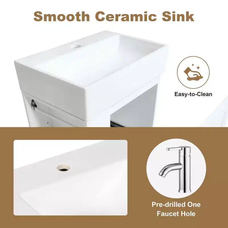 Bathroom Vanity Ceramic Sink MDF Storage Drawer Side Shelf Golden Handle Small Bathroom