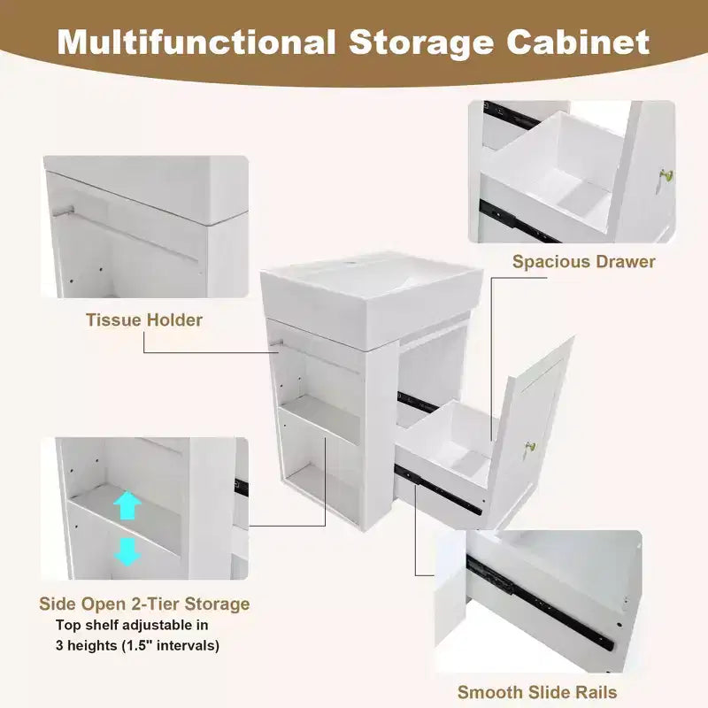 Bathroom Vanity Ceramic Sink MDF Storage Drawer Side Shelf Golden Handle Small Bathroom