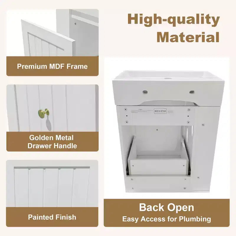 Bathroom Vanity Ceramic Sink MDF Storage Drawer Side Shelf Golden Handle Small Bathroom