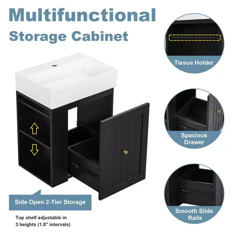 Bathroom Vanity Ceramic Sink MDF Storage Drawer Side Shelf Golden Handle Small Bathroom