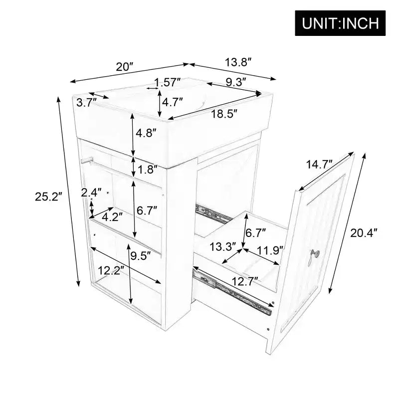 Bathroom Vanity Ceramic Sink MDF Storage Drawer Side Shelf Golden Handle Small Bathroom