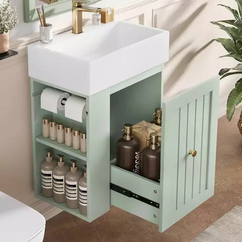 Bathroom Vanity Ceramic Sink MDF Storage Drawer Side Shelf Golden Handle Small Bathroom