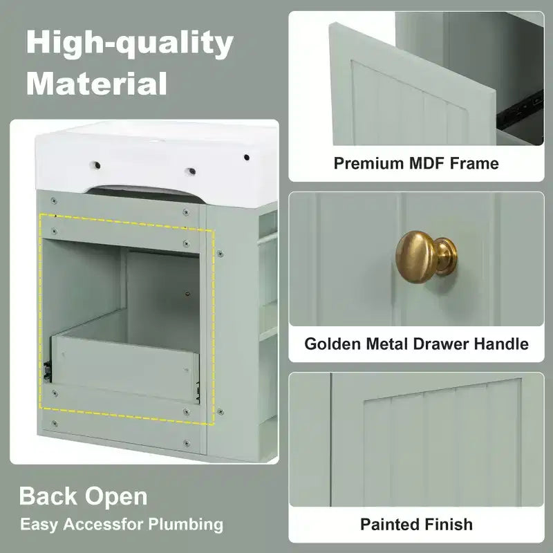 Bathroom Vanity Ceramic Sink MDF Storage Drawer Side Shelf Golden Handle Small Bathroom