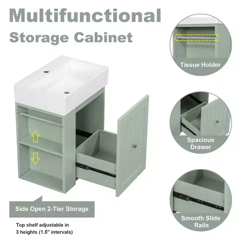 Bathroom Vanity Ceramic Sink MDF Storage Drawer Side Shelf Golden Handle Small Bathroom