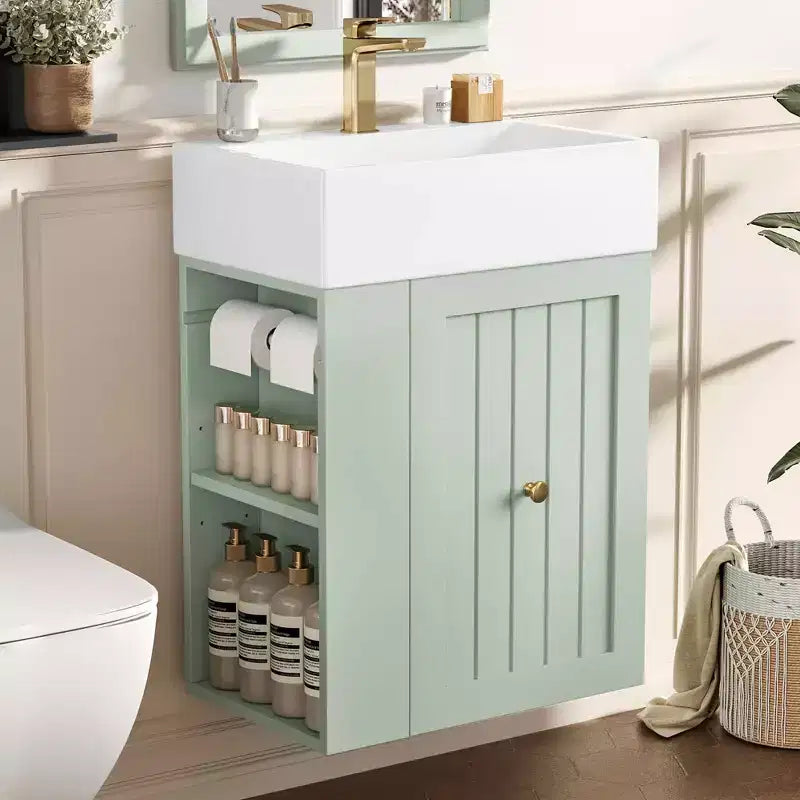 Bathroom Vanity Ceramic Sink MDF Storage Drawer Side Shelf Golden Handle Small Bathroom