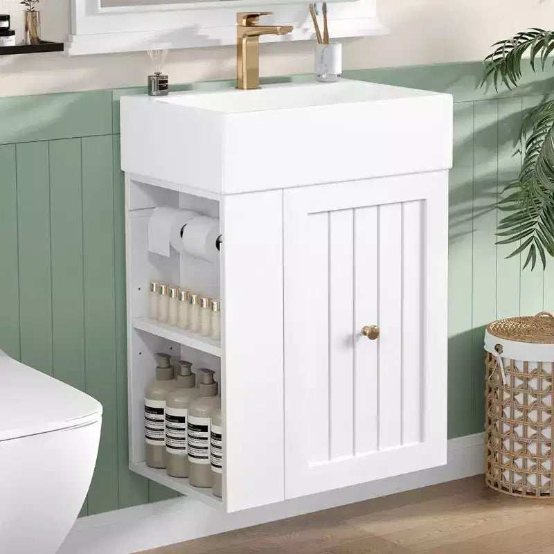 Bathroom Vanity Ceramic Sink MDF Storage Drawer Side Shelf Golden Handle Small Bathroom