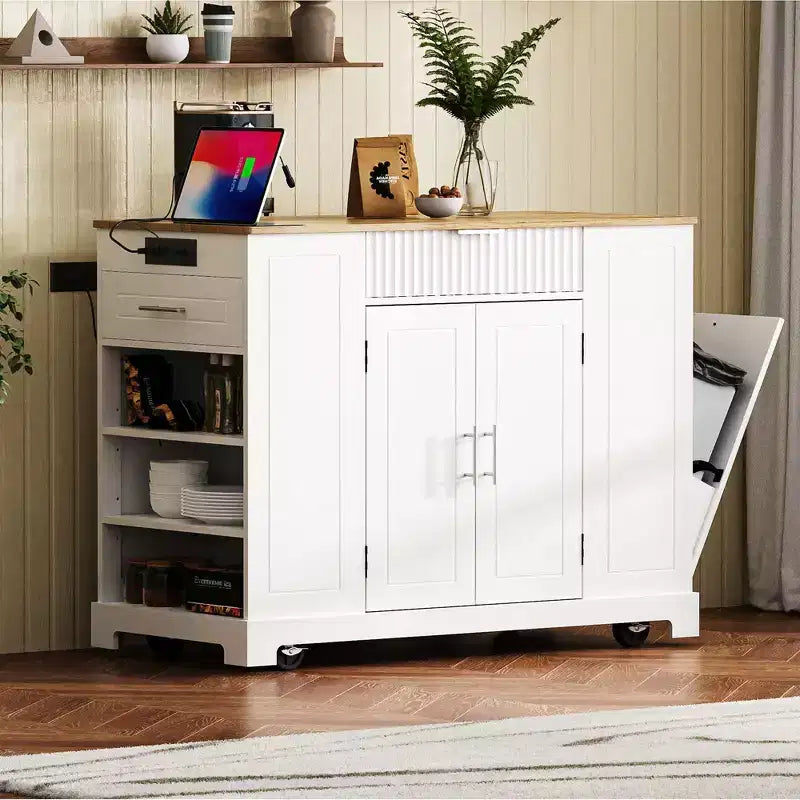 48.5 inch Black Fluted Kitchen Island with Trash Can Storage Cabinet Rolling Kitchen Islands on 5 Wheels for 10 Gallon Garbage Bin