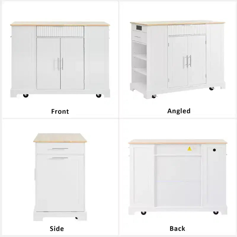 48.5 inch Black Fluted Kitchen Island with Trash Can Storage Cabinet Rolling Kitchen Islands on 5 Wheels for 10 Gallon Garbage Bin