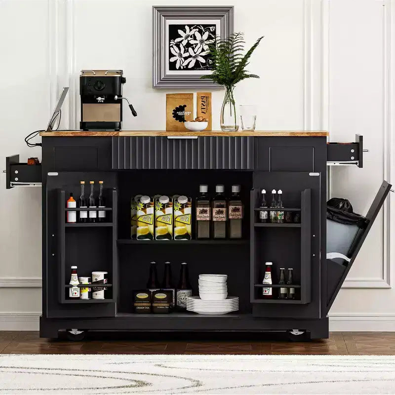 48.5 inch Black Fluted Kitchen Island with Trash Can Storage Cabinet Rolling Kitchen Islands on 5 Wheels for 10 Gallon Garbage Bin