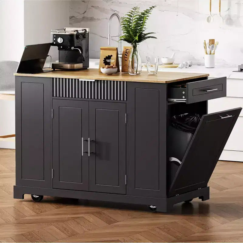 48.5 inch Black Fluted Kitchen Island with Trash Can Storage Cabinet Rolling Kitchen Islands on 5 Wheels for 10 Gallon Garbage Bin