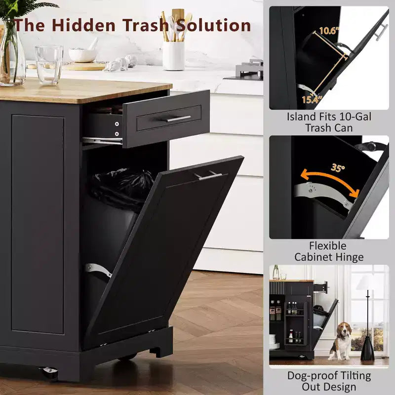 48.5 inch Black Fluted Kitchen Island with Trash Can Storage Cabinet Rolling Kitchen Islands on 5 Wheels for 10 Gallon Garbage Bin