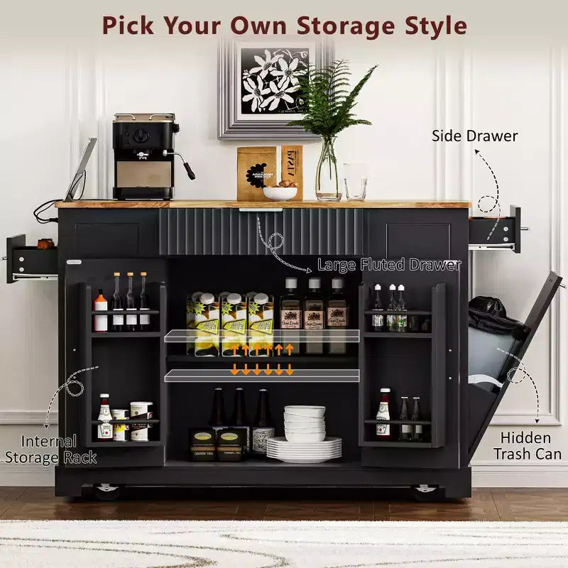 48.5 inch Black Fluted Kitchen Island with Trash Can Storage Cabinet Rolling Kitchen Islands on 5 Wheels for 10 Gallon Garbage Bin