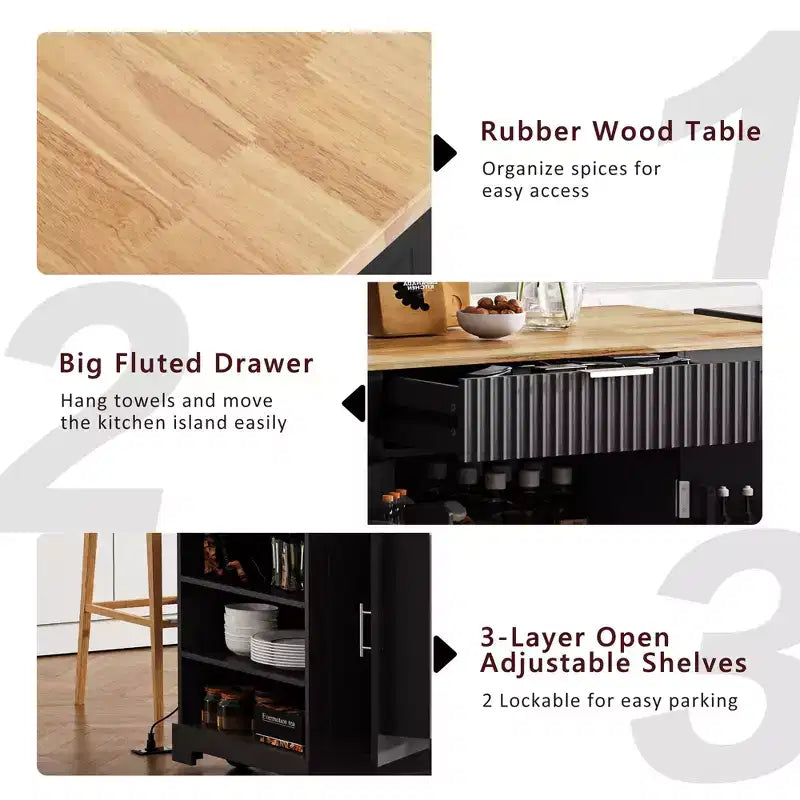 48.5 inch Black Fluted Kitchen Island with Trash Can Storage Cabinet Rolling Kitchen Islands on 5 Wheels for 10 Gallon Garbage Bin