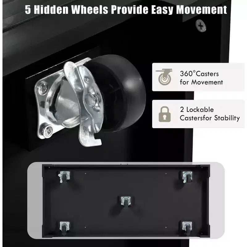 48.5 inch Black Fluted Kitchen Island with Trash Can Storage Cabinet Rolling Kitchen Islands on 5 Wheels for 10 Gallon Garbage Bin
