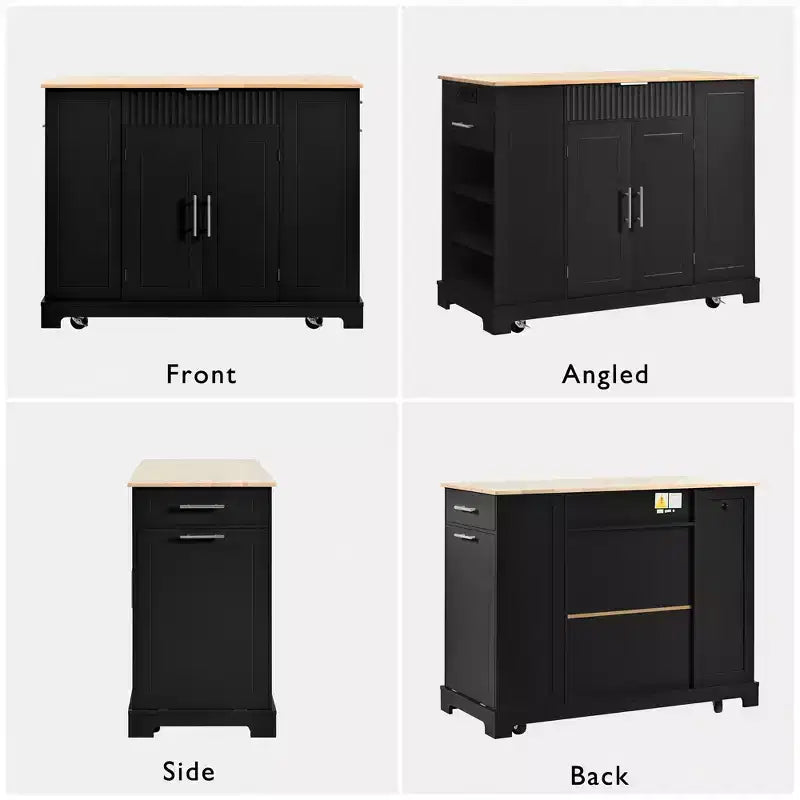 48.5 inch Black Fluted Kitchen Island with Trash Can Storage Cabinet Rolling Kitchen Islands on 5 Wheels for 10 Gallon Garbage Bin