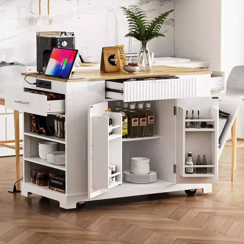 48.5 inch Black Fluted Kitchen Island with Trash Can Storage Cabinet Rolling Kitchen Islands on 5 Wheels for 10 Gallon Garbage Bin