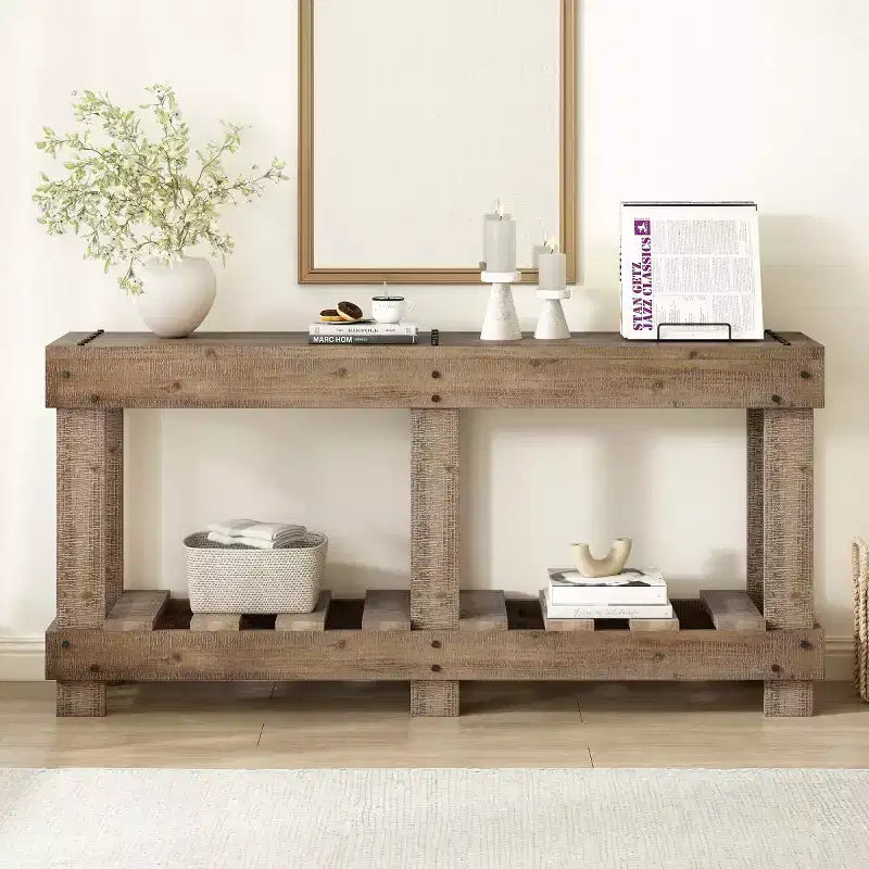62.9 Farmhouse Entryway Console Table with Storage Shelf, Solid Fir Wood Hallway Table with Metal Rivet Accents for Living Room - Panipeachy