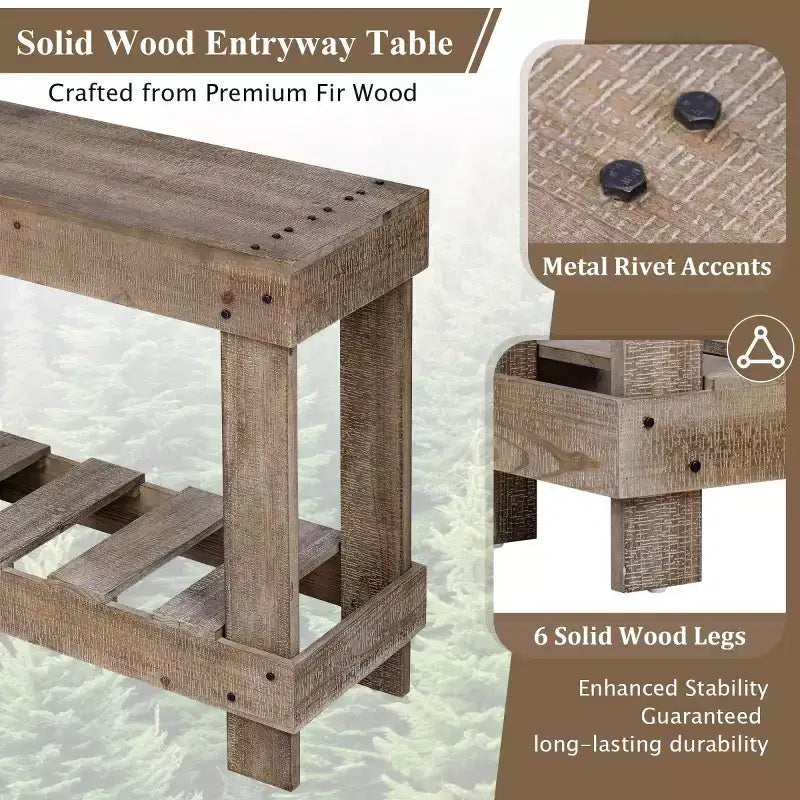 62.9 Farmhouse Entryway Console Table with Storage Shelf, Solid Fir Wood Hallway Table with Metal Rivet Accents for Living Room - Panipeachy