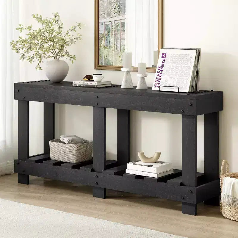 62.9 Farmhouse Entryway Console Table with Storage Shelf, Solid Fir Wood Hallway Table with Metal Rivet Accents for Living Room - Panipeachy