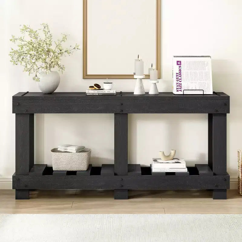 62.9 Farmhouse Entryway Console Table with Storage Shelf, Solid Fir Wood Hallway Table with Metal Rivet Accents for Living Room - Panipeachy