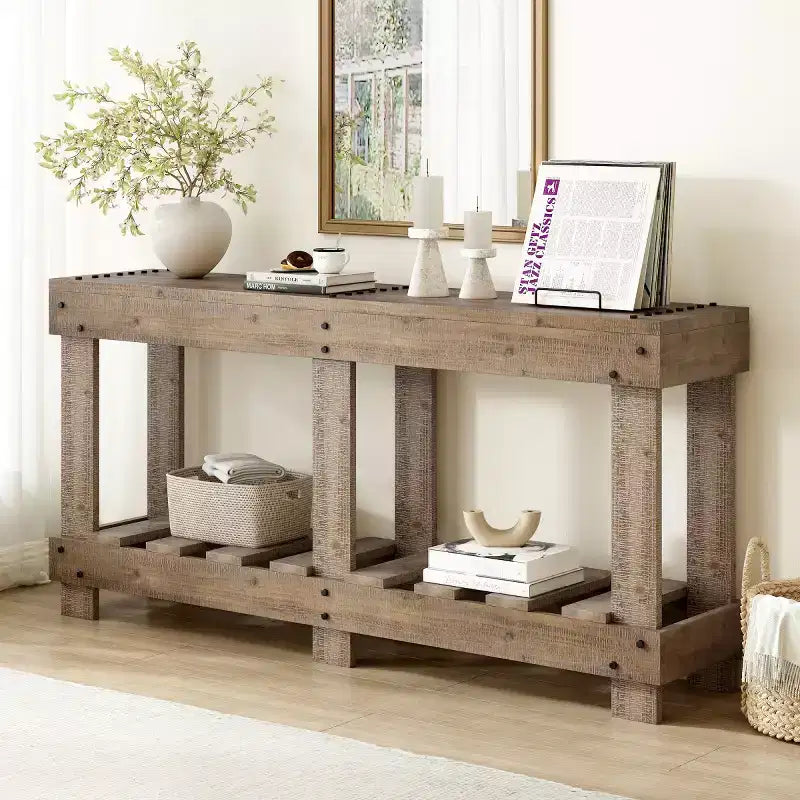 62.9 Farmhouse Entryway Console Table with Storage Shelf, Solid Fir Wood Hallway Table with Metal Rivet Accents for Living Room - Panipeachy