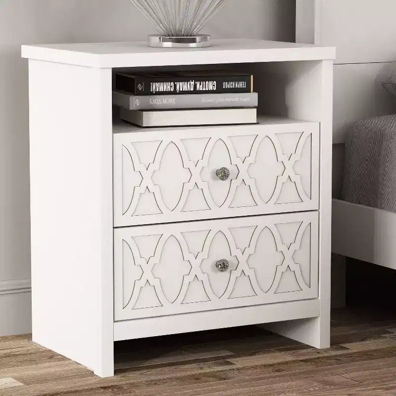 2-Drawer Nightstand with Open Shelf in White 22.8 W  15.7 D  26.8 H
