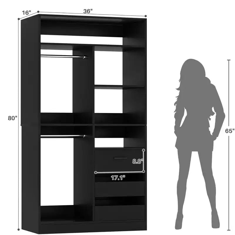 36-In Closet Organizer with Wood Drawers, Freestanding Closet System with Hanging Rods