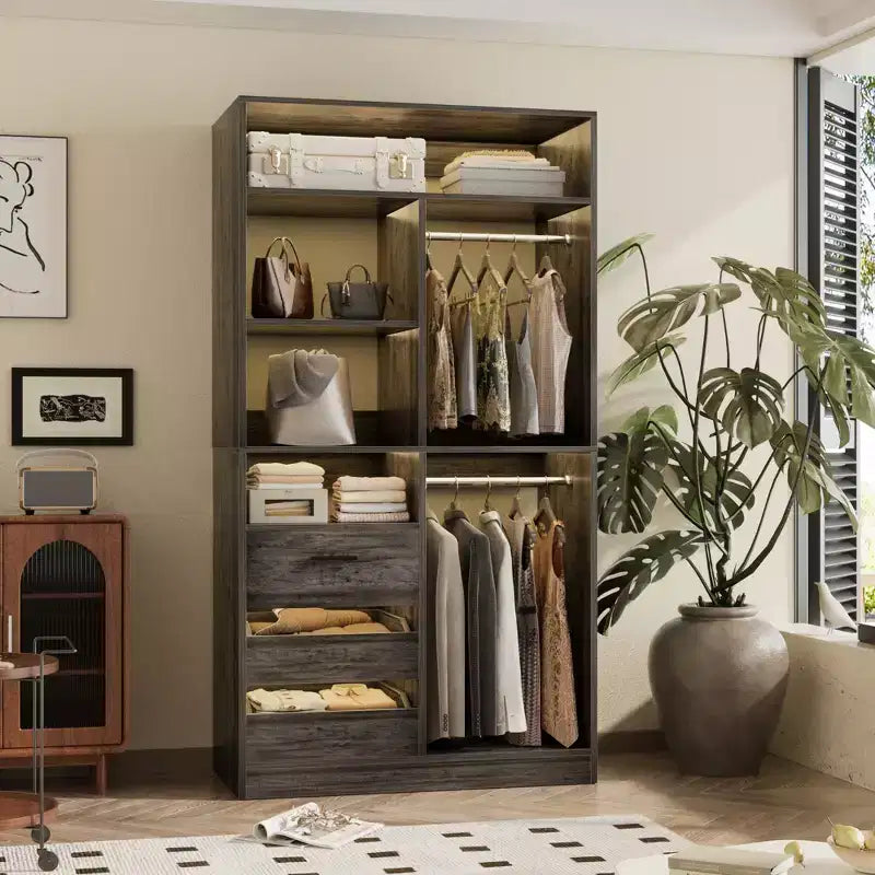 36-In Closet Organizer with Wood Drawers, Freestanding Closet System with Hanging Rods