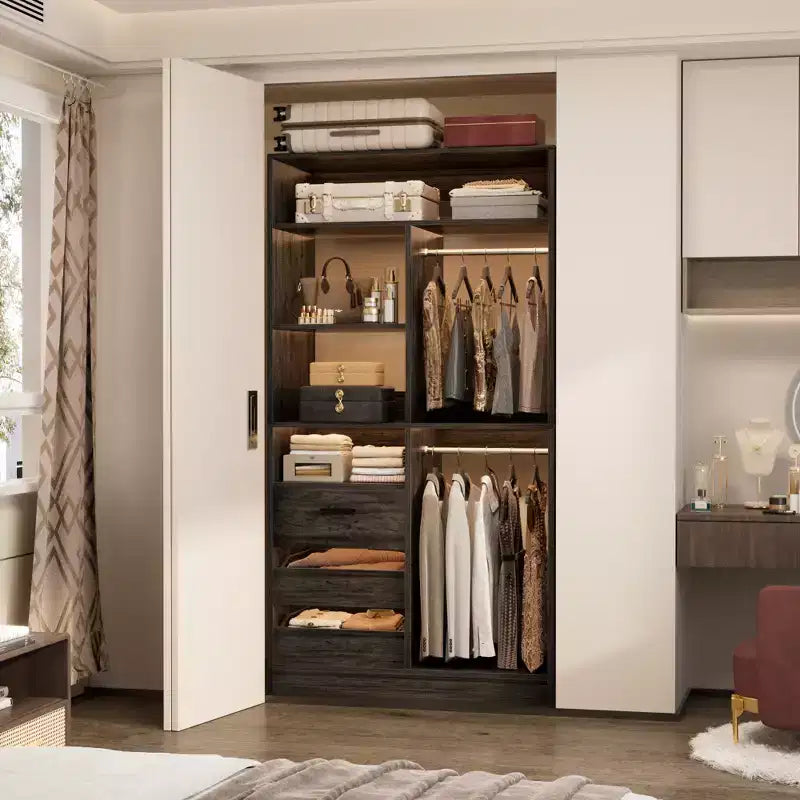 36-In Closet Organizer with Wood Drawers, Freestanding Closet System with Hanging Rods