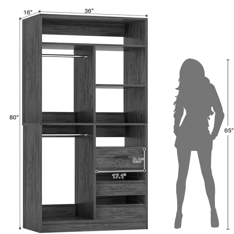 36-In Closet Organizer with Wood Drawers, Freestanding Closet System with Hanging Rods