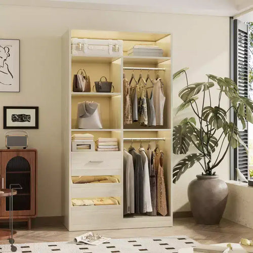 36-In Closet Organizer with Wood Drawers, Freestanding Closet System with Hanging Rods