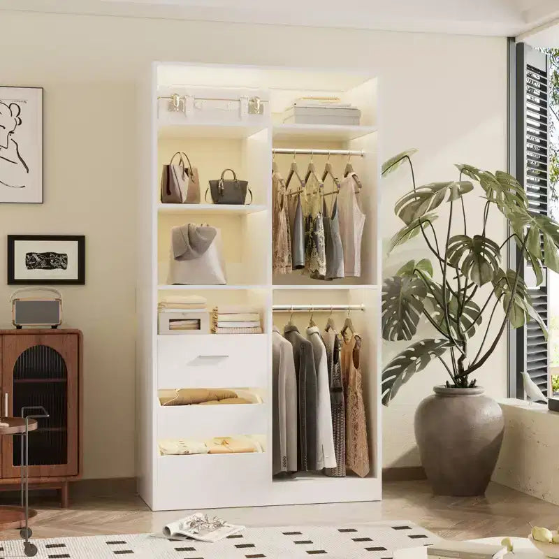 36-In Closet Organizer with Wood Drawers, Freestanding Closet System with Hanging Rods