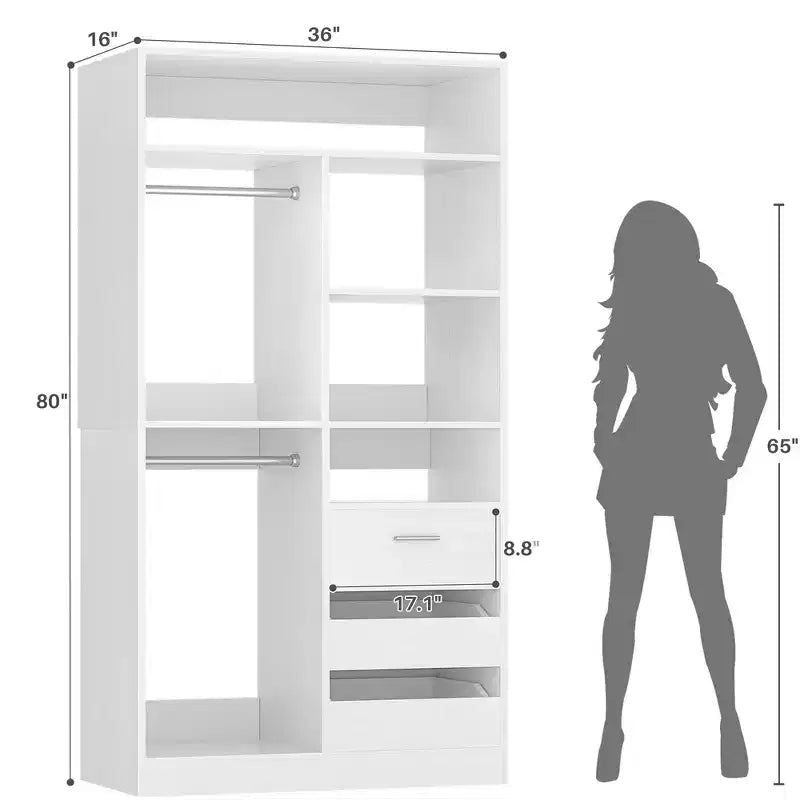 36-In Closet Organizer with Wood Drawers, Freestanding Closet System with Hanging Rods