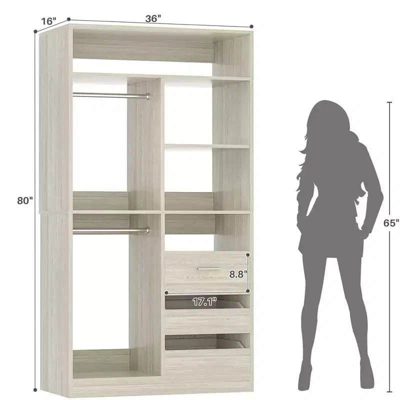 36-In Closet Organizer with Wood Drawers, Freestanding Closet System with Hanging Rods