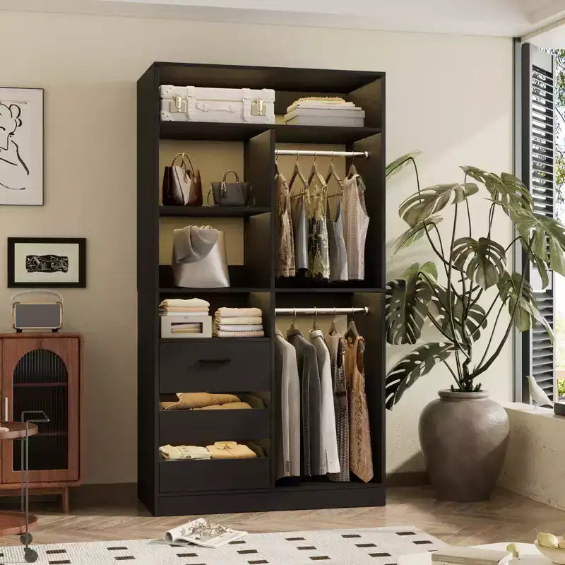 36-In Closet Organizer with Wood Drawers, Freestanding Closet System with Hanging Rods