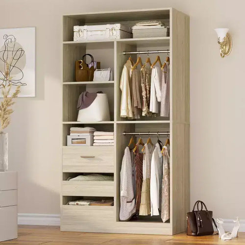 Besiost 36-In Closet Organizer with Wood Drawers, Freestanding Closet System with Hanging Rods