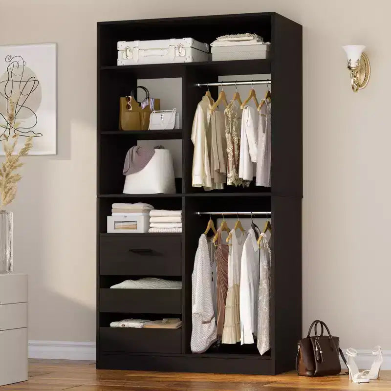 36-In Closet Organizer with Wood Drawers, Freestanding Closet System with Hanging Rods