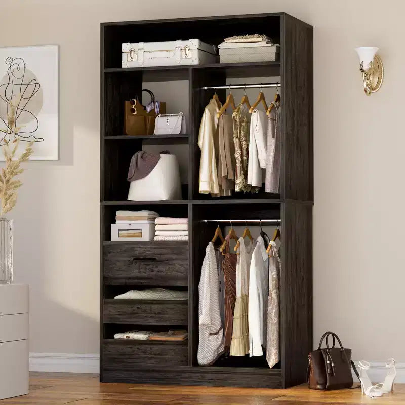 36-In Closet Organizer with Wood Drawers, Freestanding Closet System with Hanging Rods