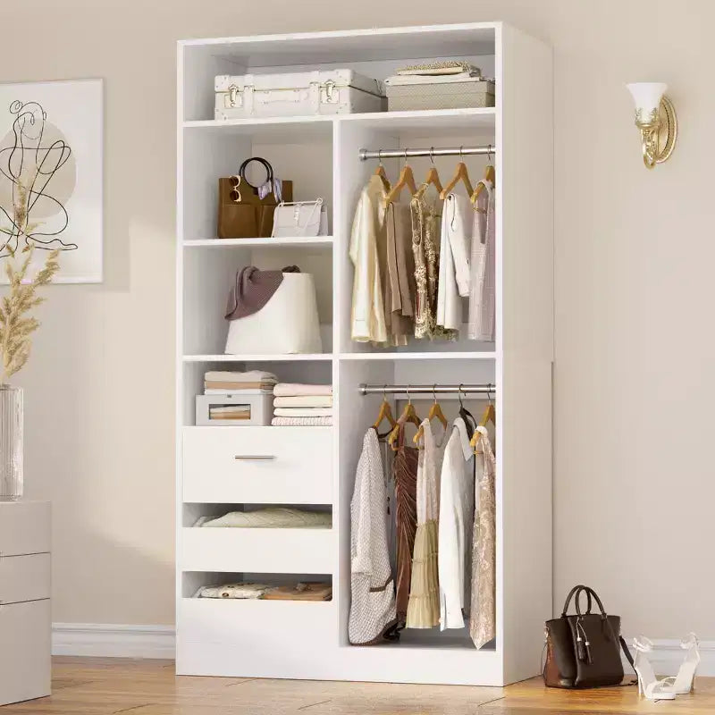 36-In Closet Organizer with Wood Drawers, Freestanding Closet System with Hanging Rods
