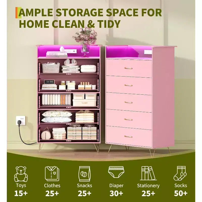 4-Drawer Dresser with RGB Lights & Charging Station, App Controlled Music Sync LED Dresser, Wooden Chest of Drawers for Bedroom, Closet, Living Room