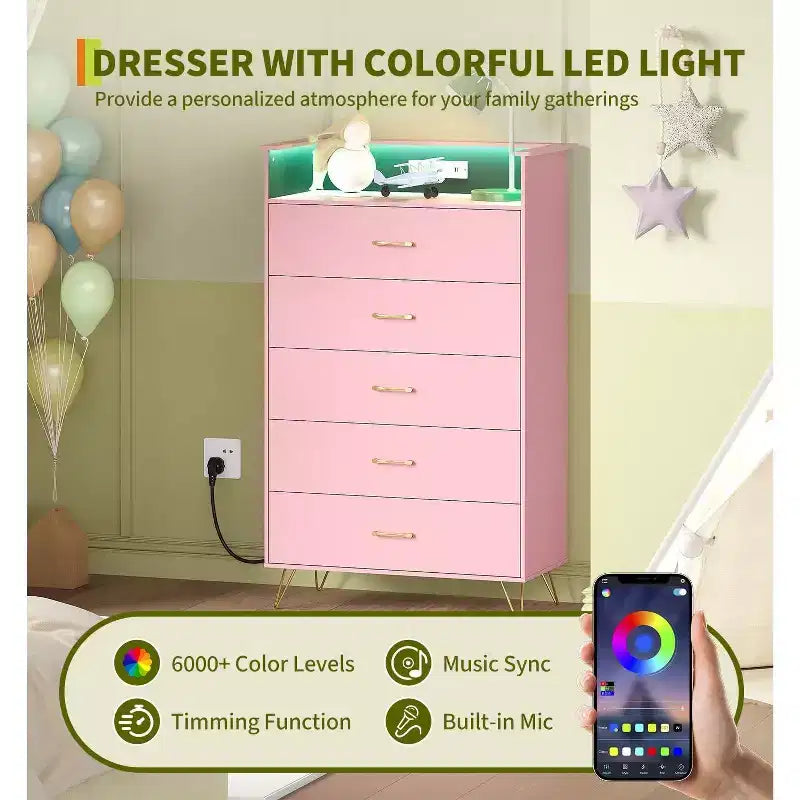 4-Drawer Dresser with RGB Lights & Charging Station, App Controlled Music Sync LED Dresser, Wooden Chest of Drawers for Bedroom, Closet, Living Room