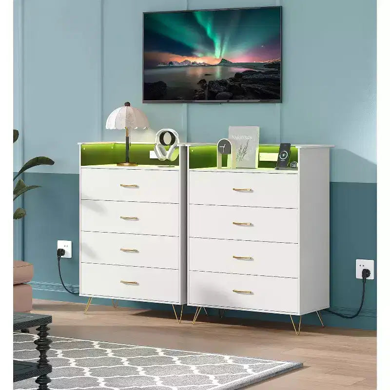 4-Drawer Dresser with RGB Lights & Charging Station, App Controlled Music Sync LED Dresser, Wooden Chest of Drawers for Bedroom, Closet, Living Room