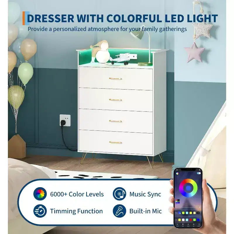 4-Drawer Dresser with RGB Lights & Charging Station, App Controlled Music Sync LED Dresser, Wooden Chest of Drawers for Bedroom, Closet, Living Room