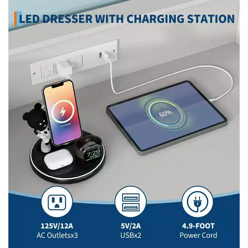 4-Drawer Dresser with RGB Lights & Charging Station, App Controlled Music Sync LED Dresser, Wooden Chest of Drawers for Bedroom, Closet, Living Room