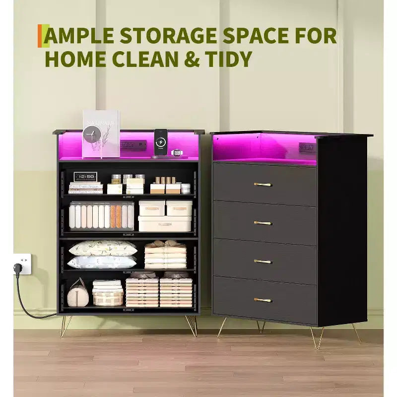 4-Drawer Dresser with RGB Lights & Charging Station, App Controlled Music Sync LED Dresser, Wooden Chest of Drawers for Bedroom, Closet, Living Room